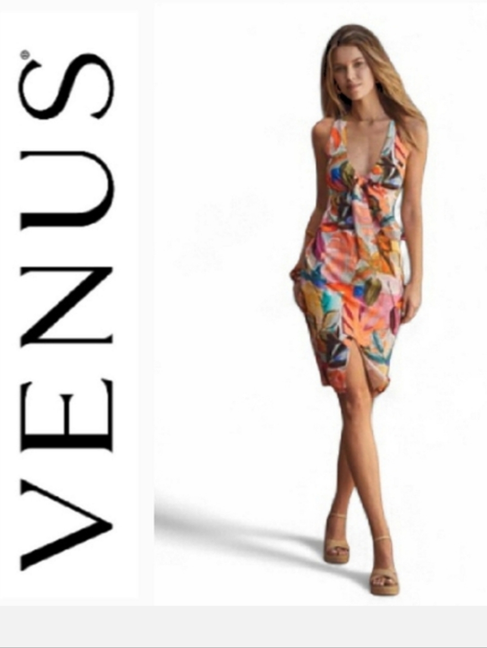 Venus Cotton Midi Dress Sleeveless Knot Front Orange Leaf Print Sz 8 BohoChic